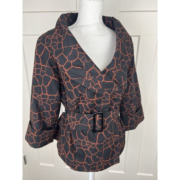 Ali Miles Animal Print Jacket Women's Sz 10 Black Rust Belted Portrait Collar - Picture 8 of 11
